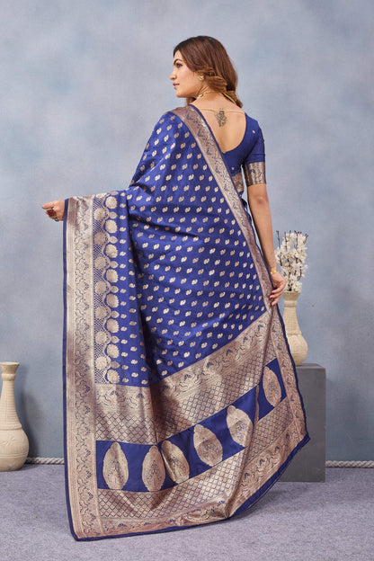 Divine International Trading Co Blue Soft Silk Blend Banarasi Jacuard Work Designer Party Wear Saree With Unstitched Blouse Piece
