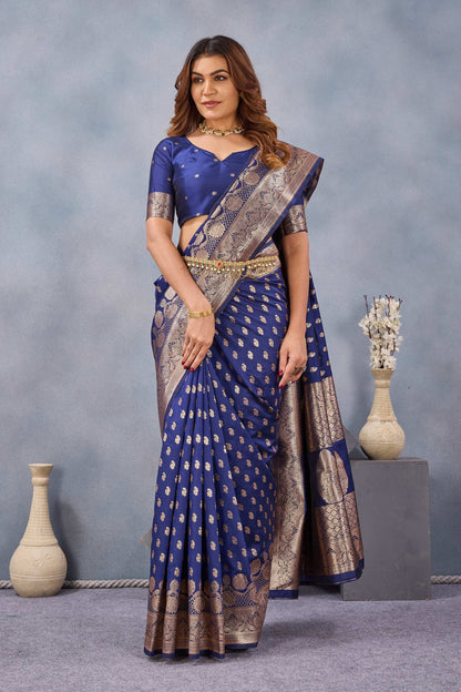 Divine International Trading Co Blue Soft Silk Blend Banarasi Jacuard Work Designer Party Wear Saree With Unstitched Blouse Piece