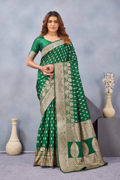 Divine International Trading Co Green Soft Silk Blend Banarasi Jacuard Work Designer Party Wear Saree With Unstitched Blouse Piece