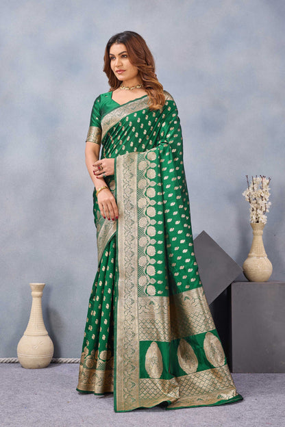 Divine International Trading Co Green Soft Silk Blend Banarasi Jacuard Work Designer Party Wear Saree With Unstitched Blouse Piece