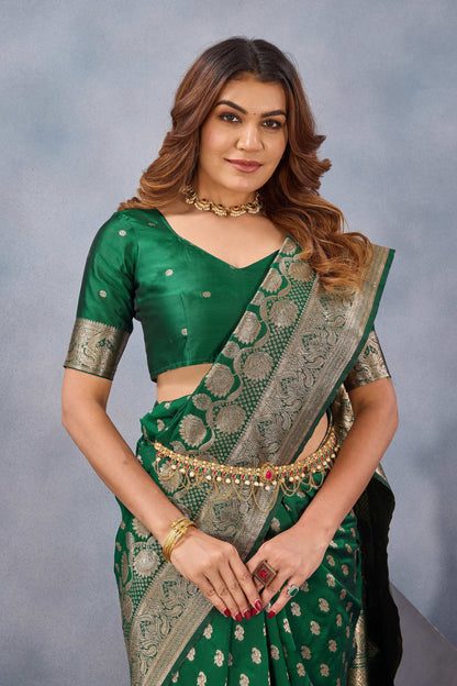Divine International Trading Co Green Soft Silk Blend Banarasi Jacuard Work Designer Party Wear Saree With Unstitched Blouse Piece