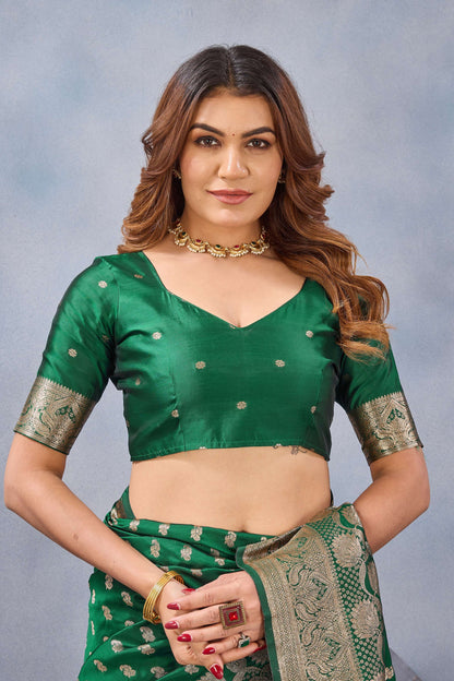 Divine International Trading Co Green Soft Silk Blend Banarasi Jacuard Work Designer Party Wear Saree With Unstitched Blouse Piece