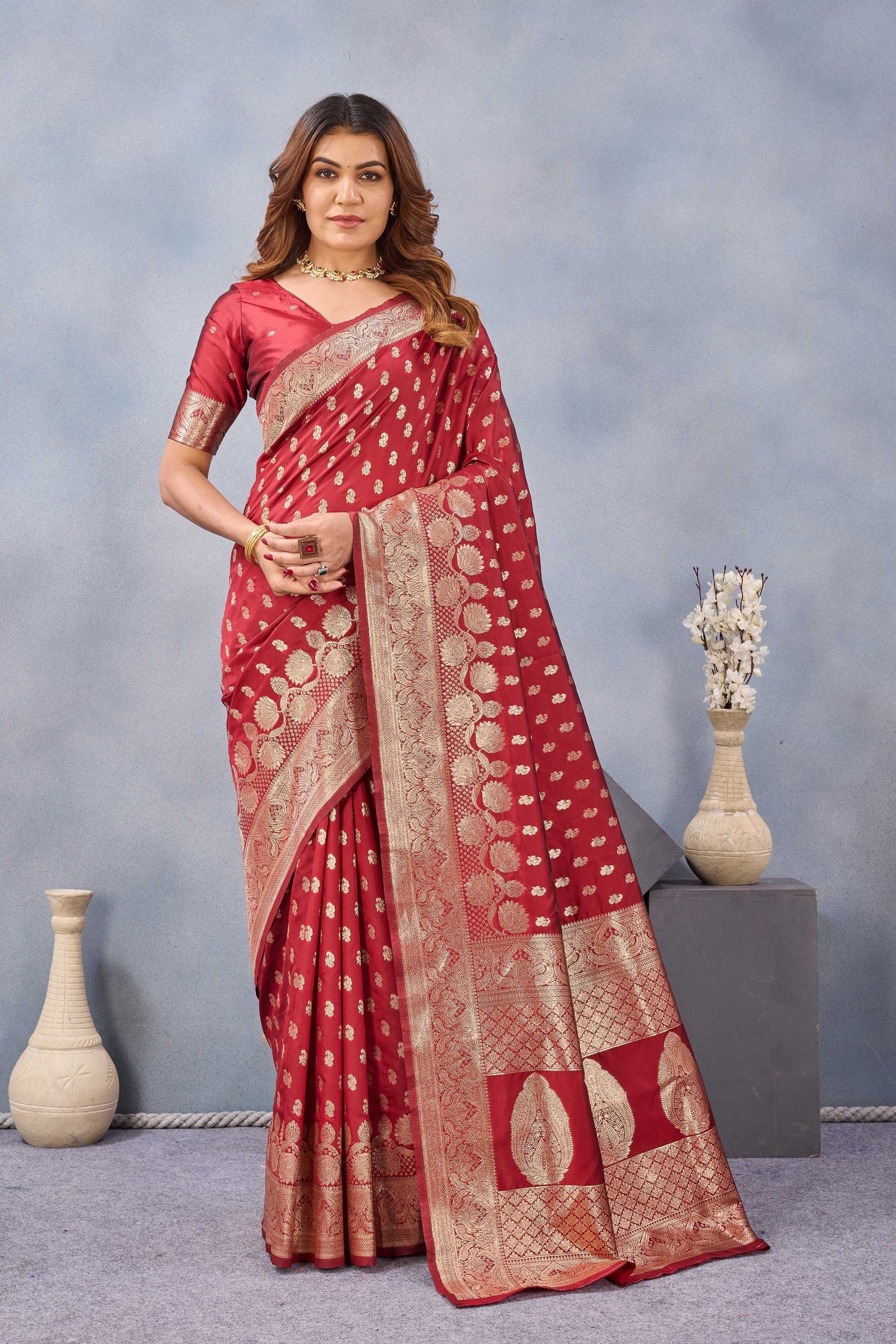 Divine International Trading Co Red Soft Silk Blend Banarasi Jacuard Work Designer Party Wear Saree With Unstitched Blouse Piece