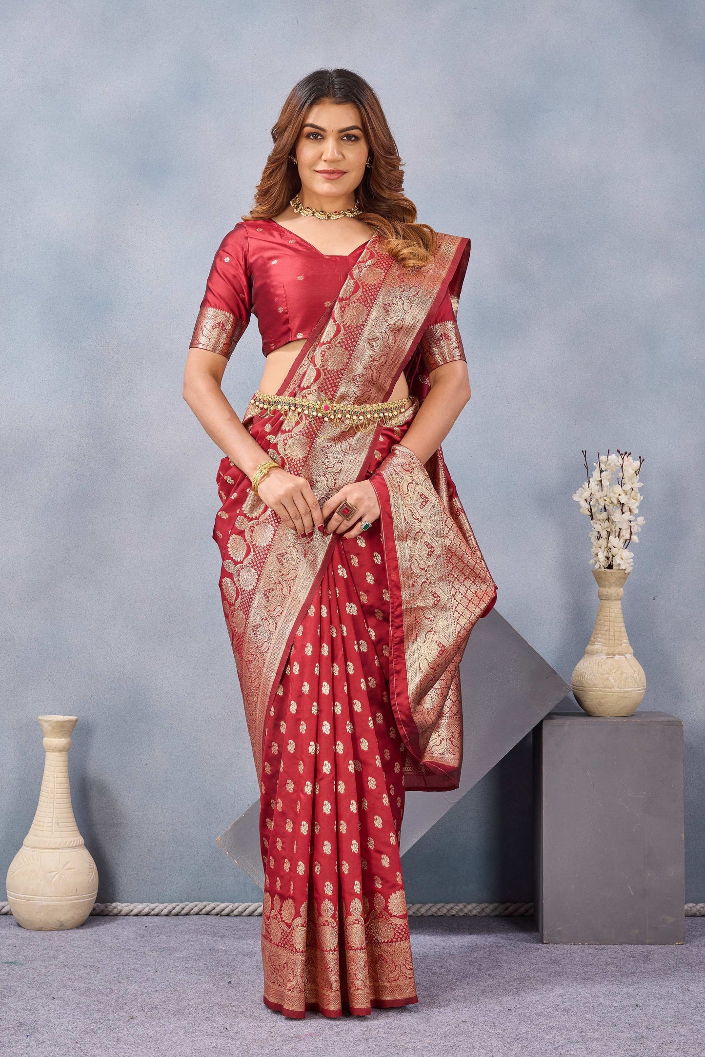 Divine International Trading Co Red Soft Silk Blend Banarasi Jacuard Work Designer Party Wear Saree With Unstitched Blouse Piece