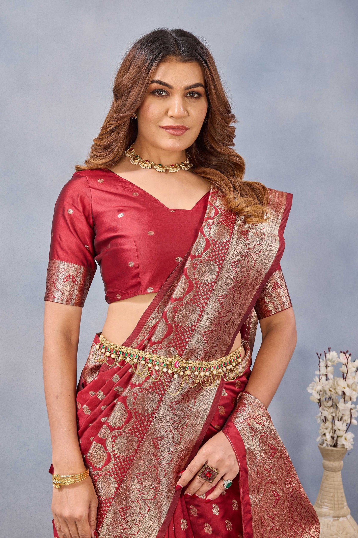 Divine International Trading Co Red Soft Silk Blend Banarasi Jacuard Work Designer Party Wear Saree With Unstitched Blouse Piece