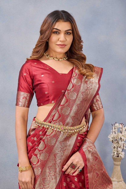 Divine International Trading Co Red Soft Silk Blend Banarasi Jacuard Work Designer Party Wear Saree With Unstitched Blouse Piece