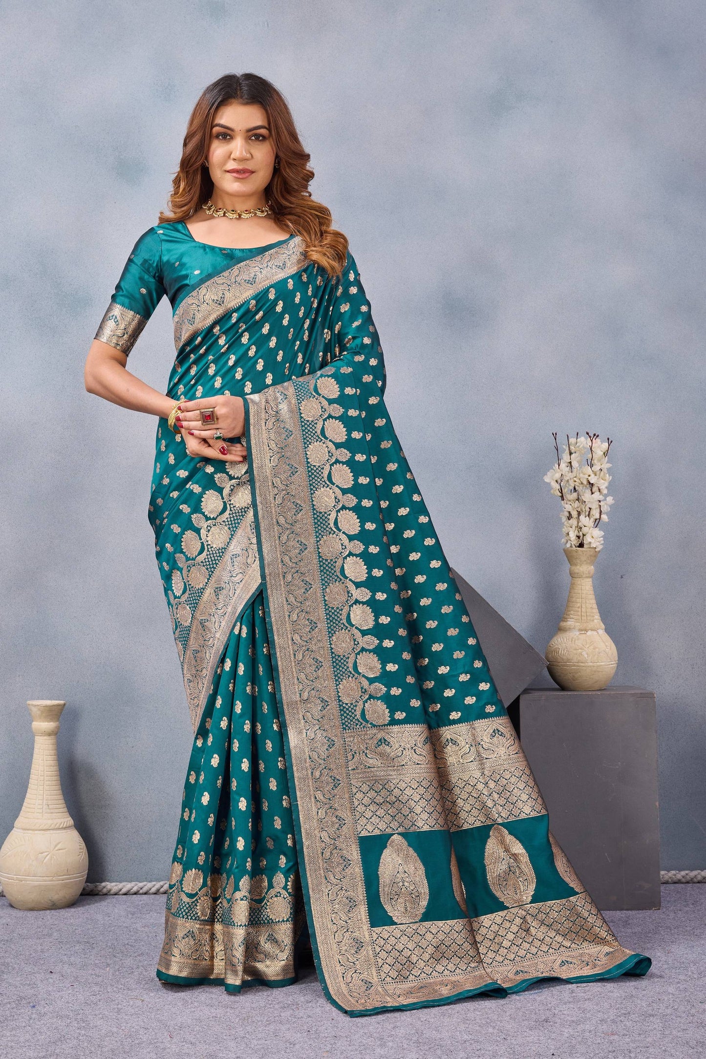 Divine International Trading Co Turquoise Soft Silk Blend Banarasi Jacuard Work Designer Party Wear Saree With Unstitched Blouse Piece