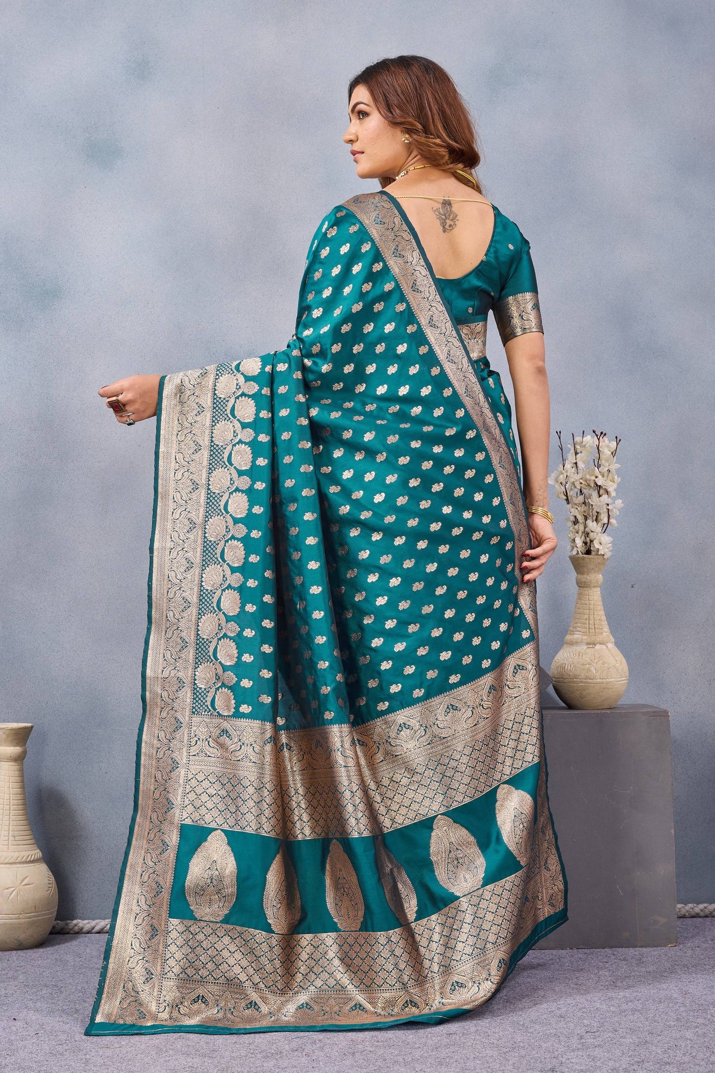 Divine International Trading Co Turquoise Soft Silk Blend Banarasi Jacuard Work Designer Party Wear Saree With Unstitched Blouse Piece
