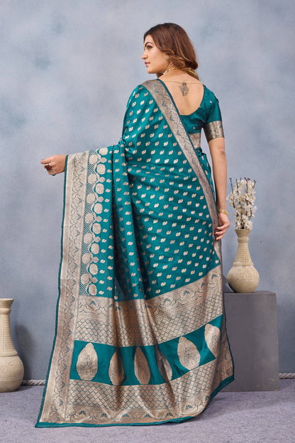 Divine International Trading Co Turquoise Soft Silk Blend Banarasi Jacuard Work Designer Party Wear Saree With Unstitched Blouse Piece