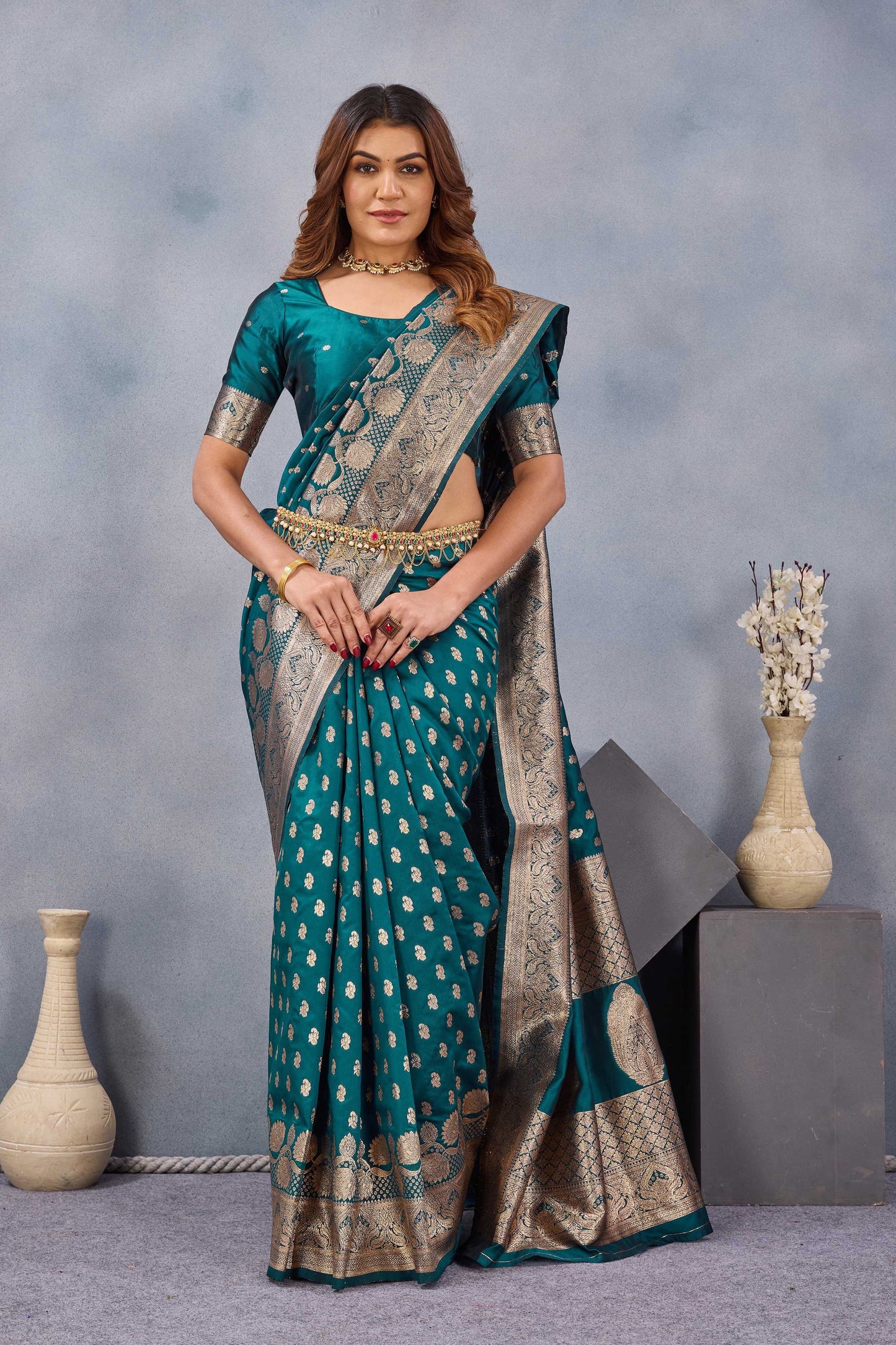 Divine International Trading Co Turquoise Soft Silk Blend Banarasi Jacuard Work Designer Party Wear Saree With Unstitched Blouse Piece