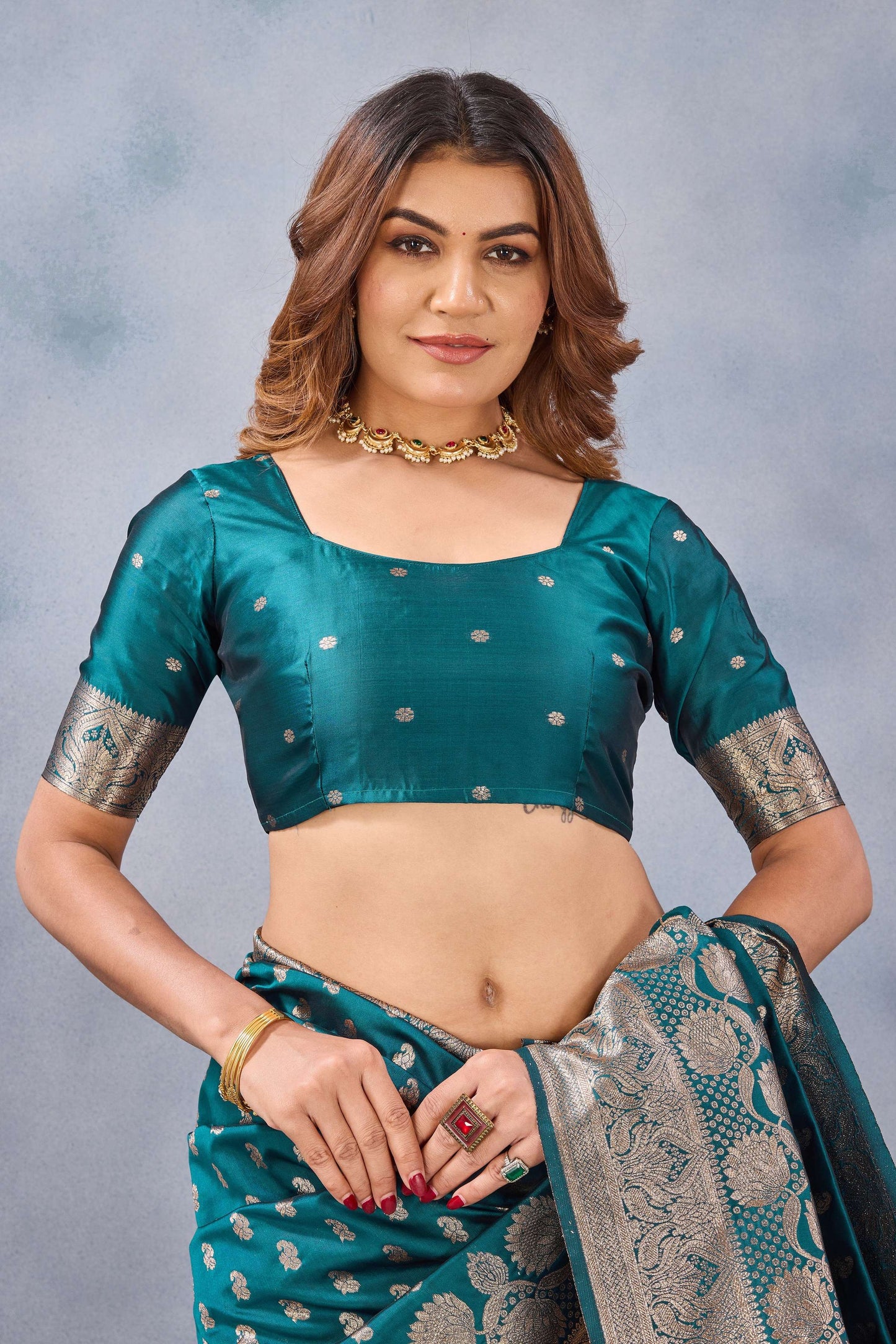 Divine International Trading Co Turquoise Soft Silk Blend Banarasi Jacuard Work Designer Party Wear Saree With Unstitched Blouse Piece