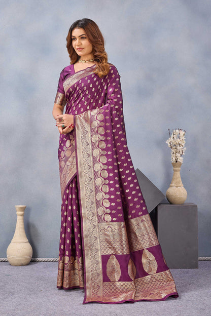 Divine International Trading Co Wine Soft Silk Blend Banarasi Jacuard Work Designer Party Wear Saree With Unstitched Blouse Piece
