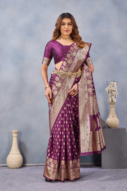 Divine International Trading Co Wine Soft Silk Blend Banarasi Jacuard Work Designer Party Wear Saree With Unstitched Blouse Piece