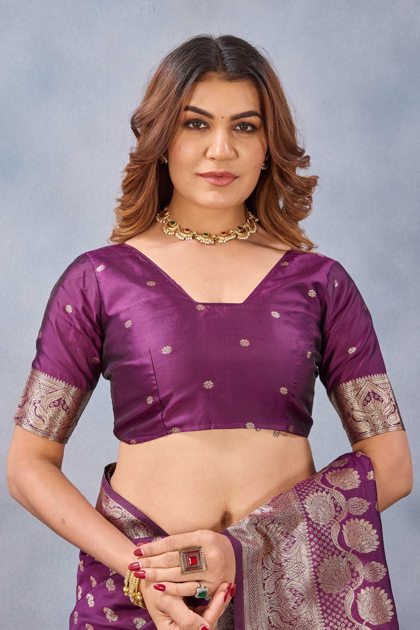 Divine International Trading Co Wine Soft Silk Blend Banarasi Jacuard Work Designer Party Wear Saree With Unstitched Blouse Piece