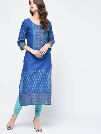 Indian Clothing Cheera Hand Block Print Royal Blue Color Straight Kurta