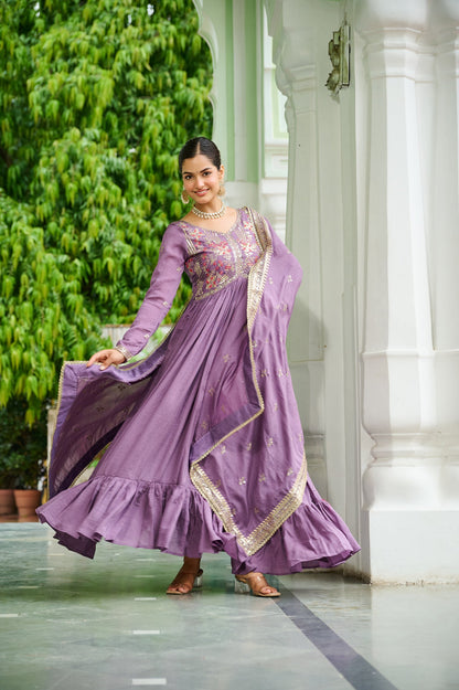 Lorenvalley Fashion Lavender Vichitra Silk with Embroidered Zari & Thread work Anarkali Gown with Dupatta