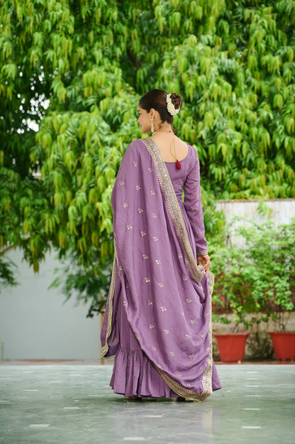 Lorenvalley Fashion Lavender Vichitra Silk with Embroidered Zari & Thread work Anarkali Gown with Dupatta
