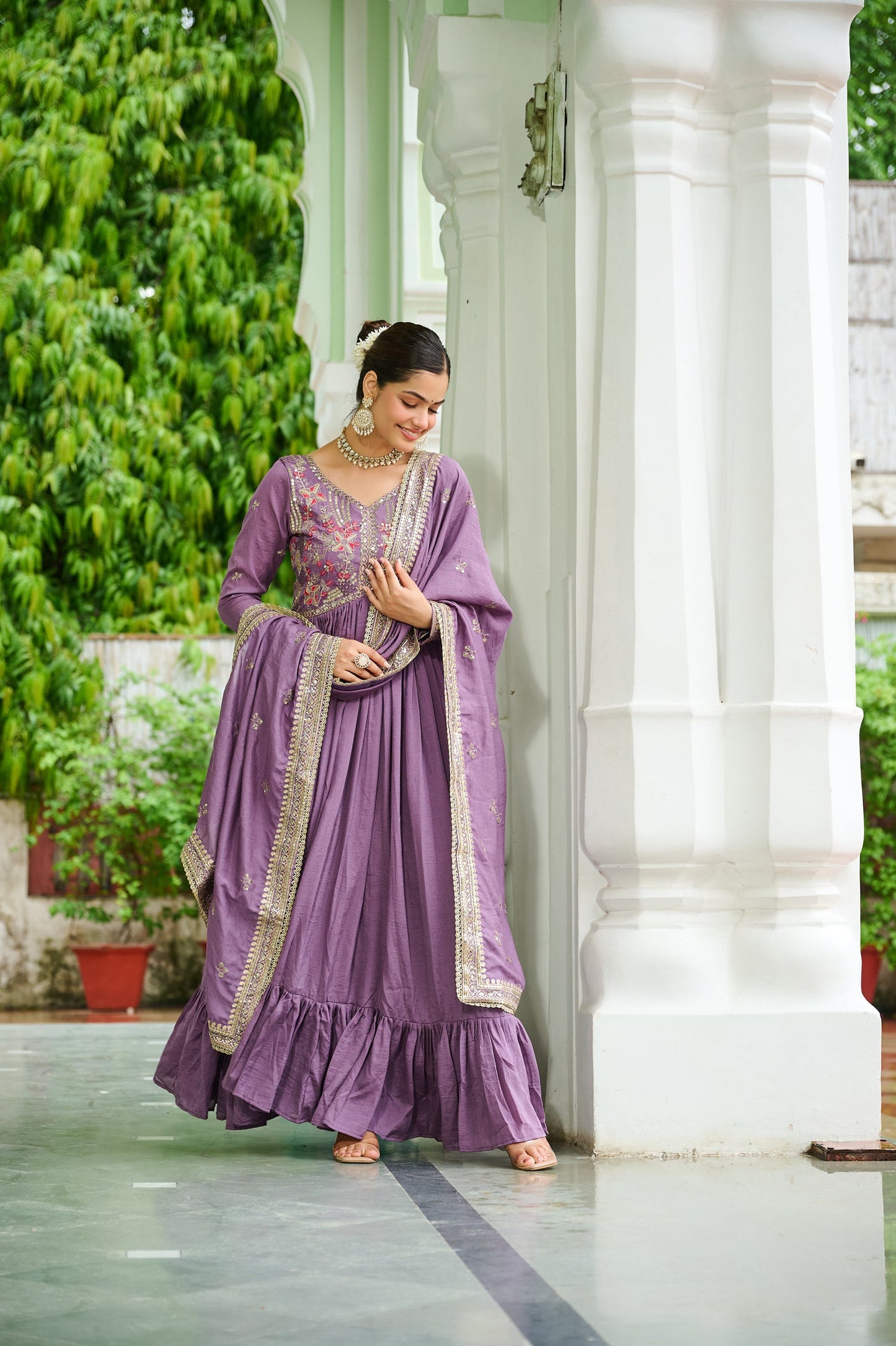 Lorenvalley Fashion Lavender Vichitra Silk with Embroidered Zari & Thread work Anarkali Gown with Dupatta