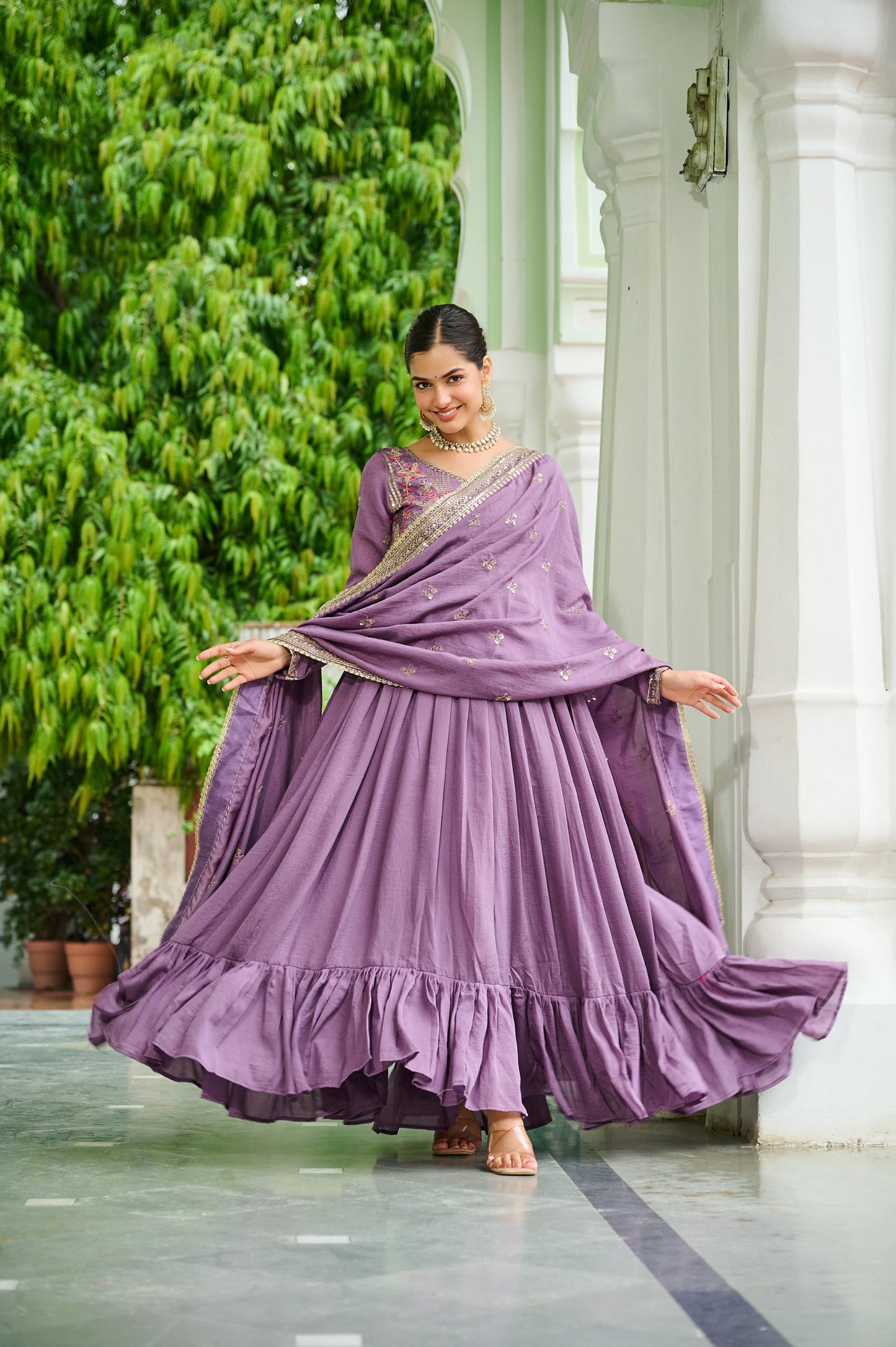 Lorenvalley Fashion Lavender Vichitra Silk with Embroidered Zari & Thread work Anarkali Gown with Dupatta