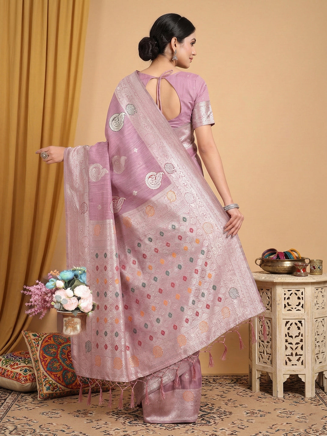 Anaita Lavender Linen Woven Work Saree With Blouse