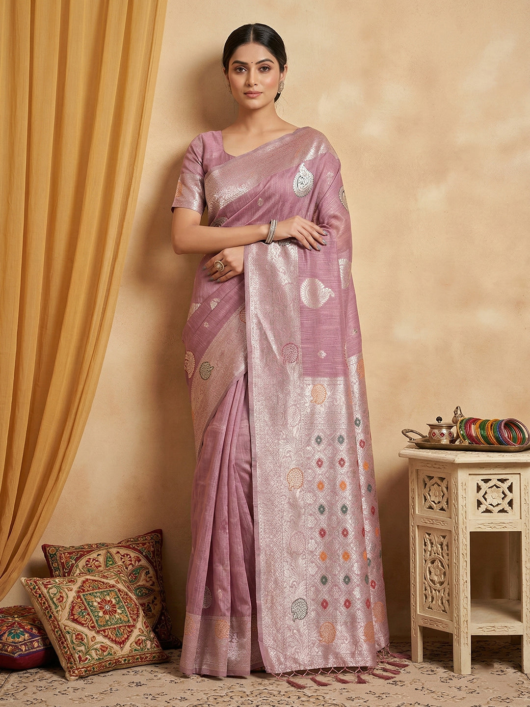 Anaita Lavender Linen Woven Work Saree With Blouse