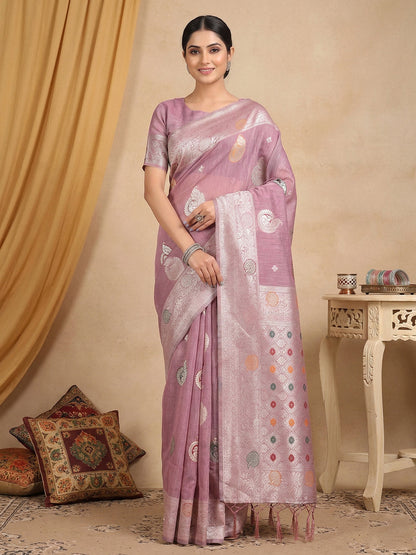 Anaita Lavender Linen Woven Work Saree With Blouse