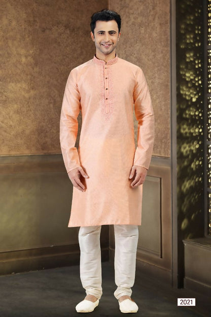 Raivat Ethnic Jacquard Banarasi Silk Thread Work Kurta Pajama In Peach Colour