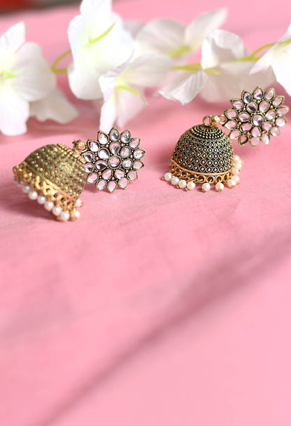 Mominos Fashion Johar Kamal Beautiful Kundan Work Jhumka With White Beads