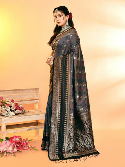 Joban Fashion Grey & Black Plain With Weaving Border Banarasi Silk Sarees