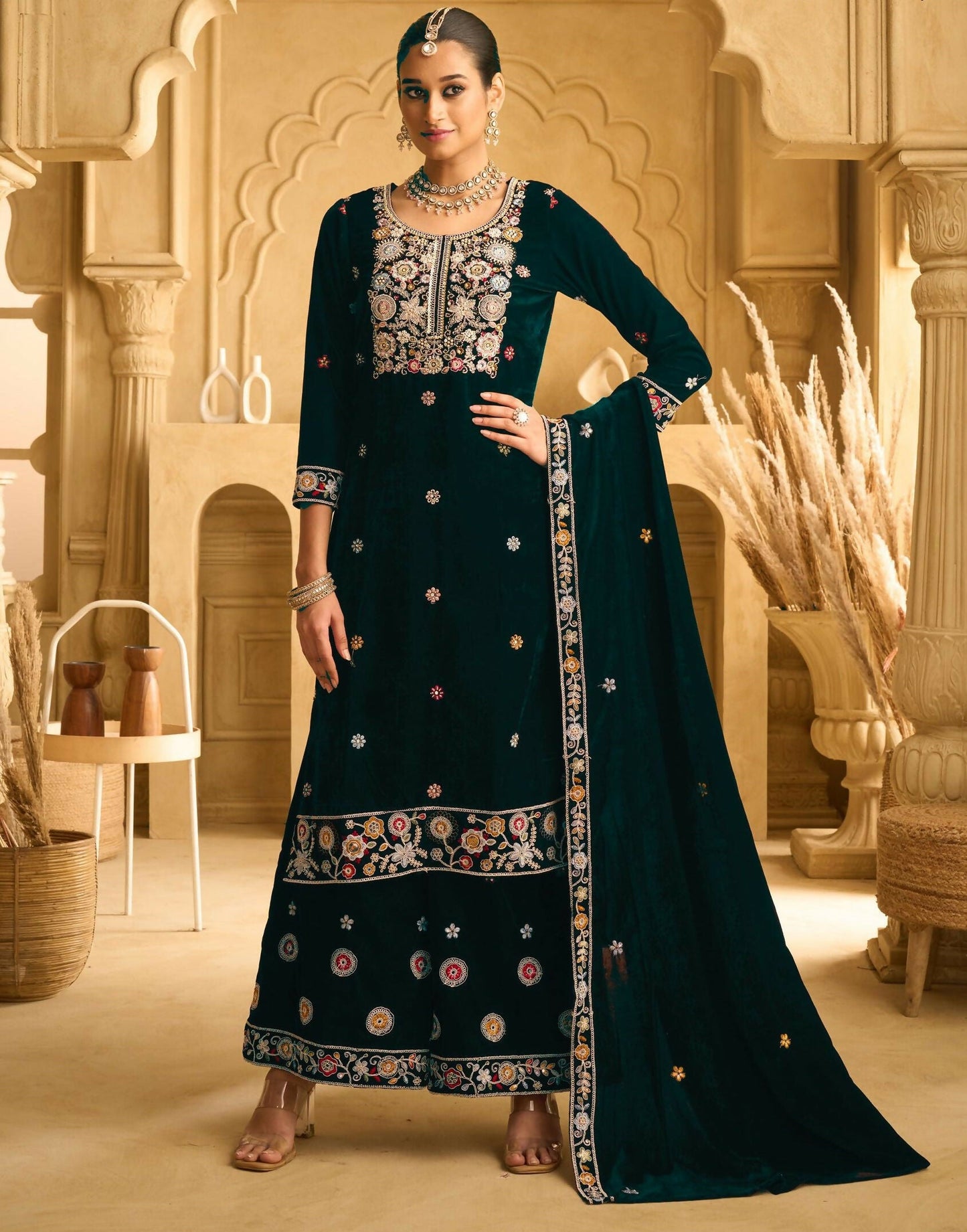 Anaita Dark Green Embroidered Work Velvet Stitched Plazo Suit