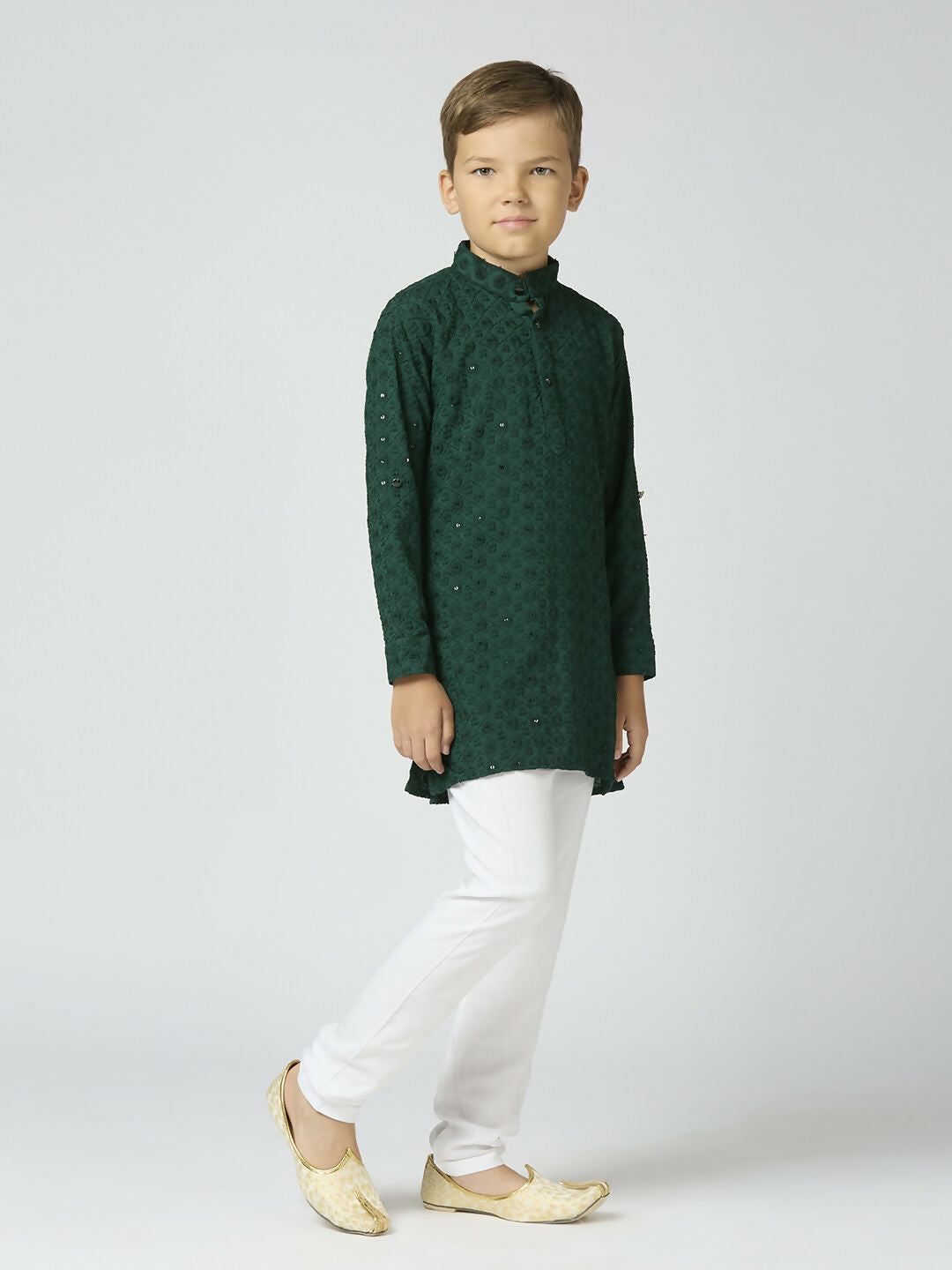 Joban Fashion Kids Island Full Sleeves Cotton Kurta and Pyjama Set with Sequin work - Green