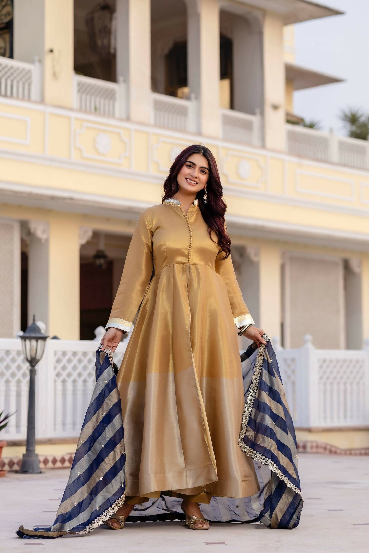 Teeya Creation Multi Color Pure Banarasi Viscose Wedding Wear Long Gown