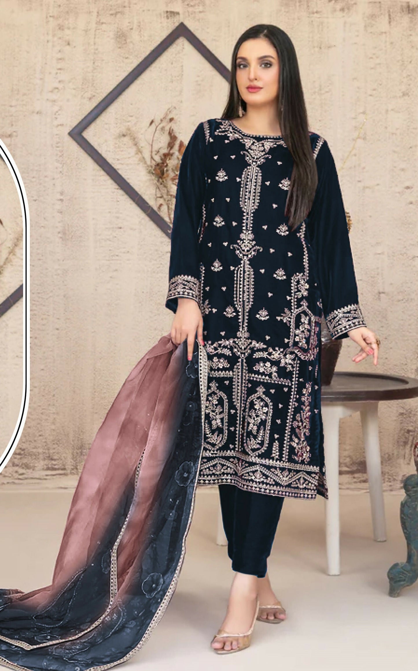 Anaita Navy Blue Velvet Suit with Embroidery Sequence Work