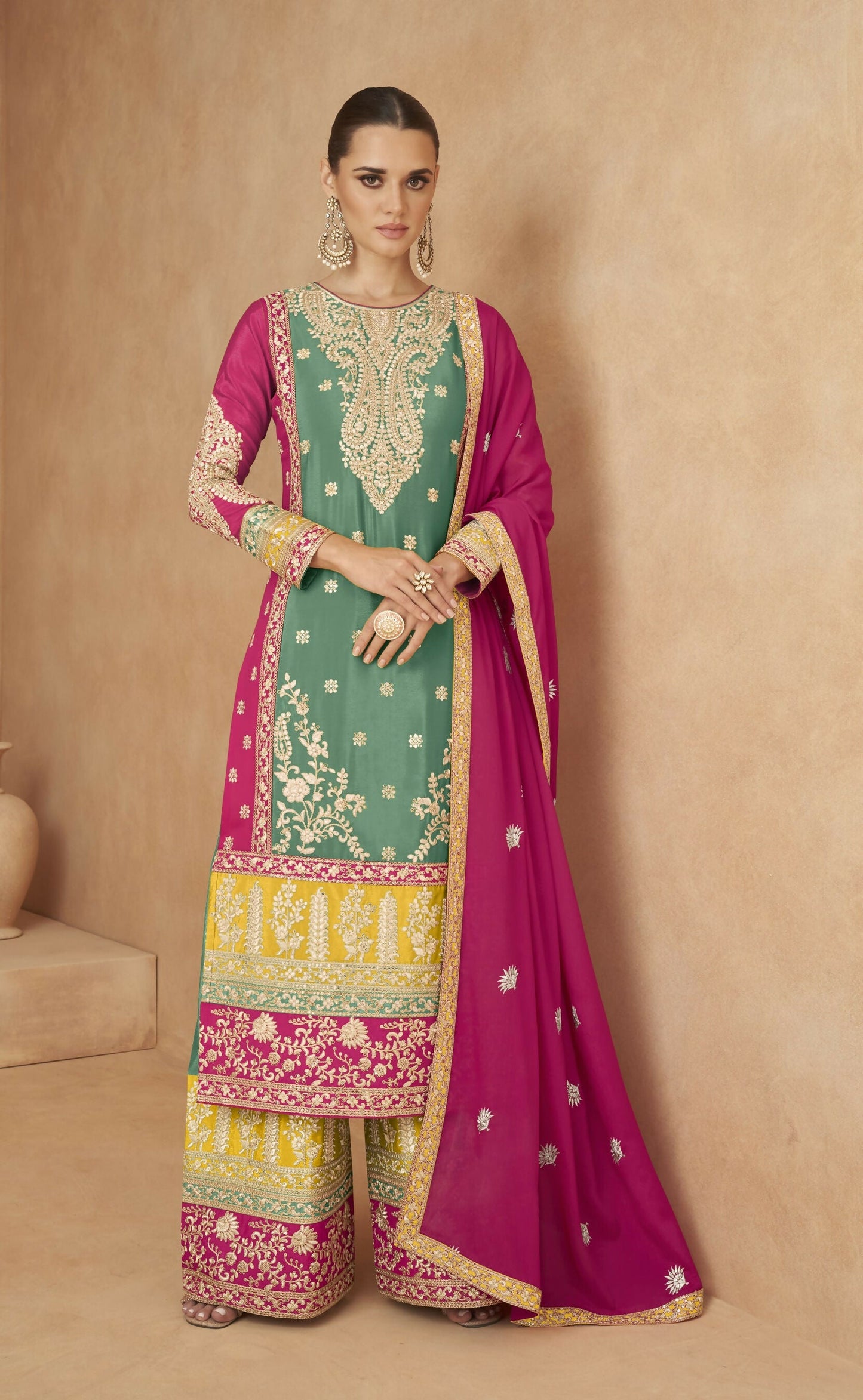 Anaita Sea Green Chiffon Suit with Embroidery Coding Sequence Work