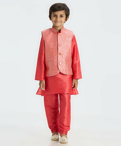 Joban Fashion Kids Island Sequence work Nehru Jacket Full Sleeves Kurta, Pajama Set - Tomato Red
