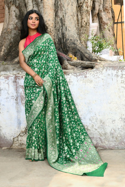 Joban Fashion Green Pure Crepe Pure Handloom Banarasi Silk Saree