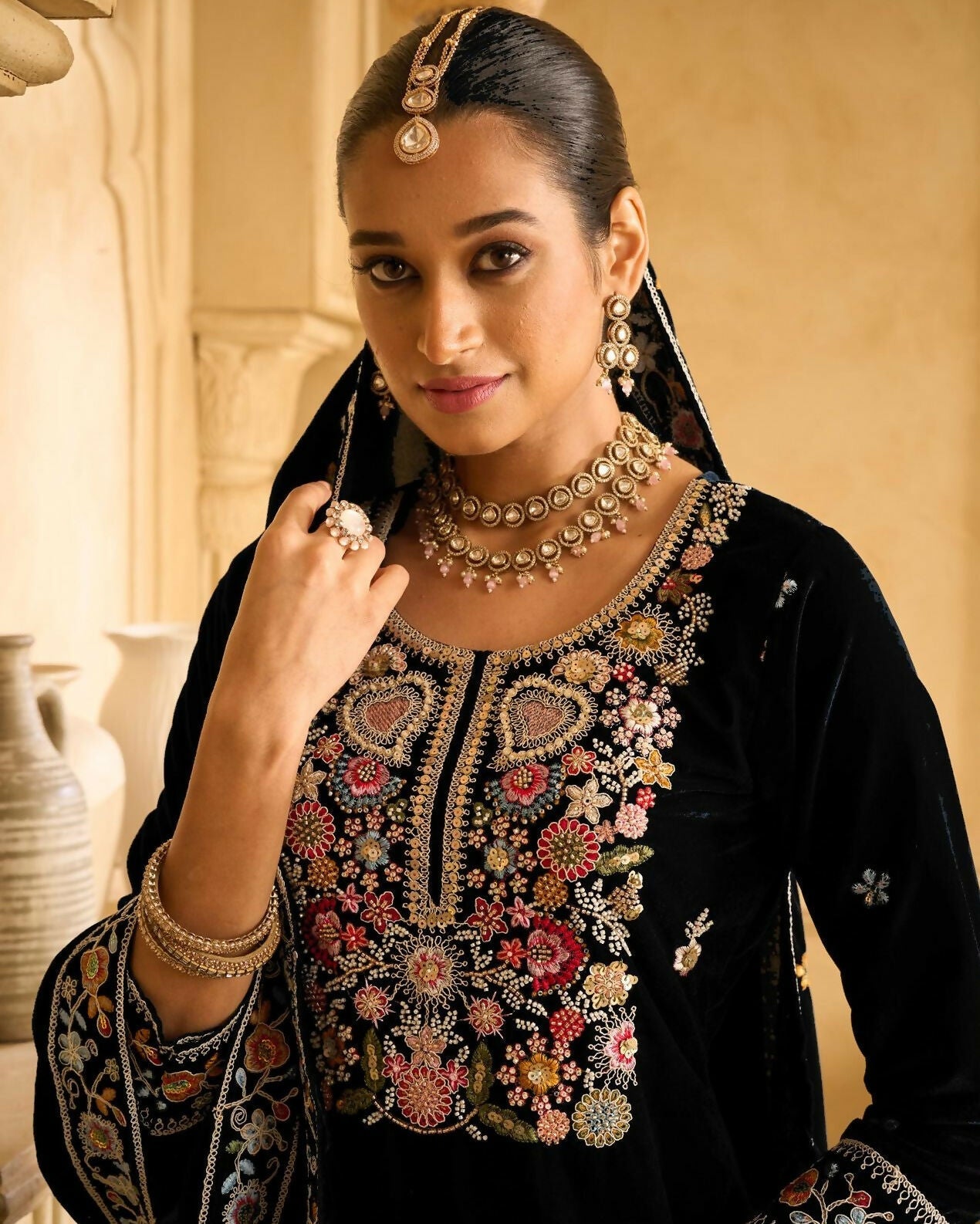 Anaita Black Embroidered Velvet Stitched Plazo Suit