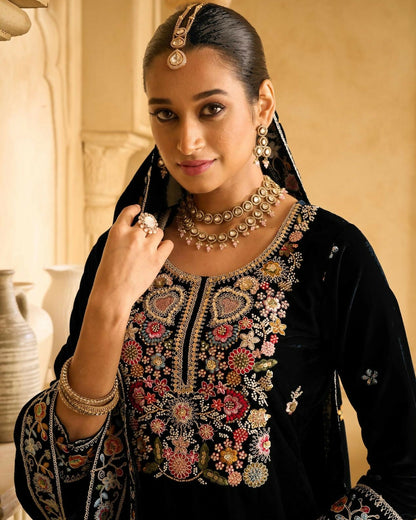 Anaita Black Embroidered Velvet Stitched Plazo Suit