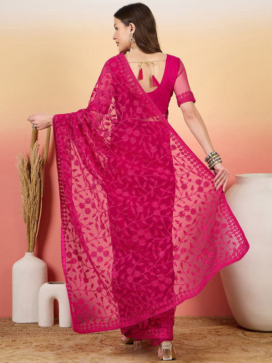 Sangria Embroidered Net Saree With Unstitched Blouse