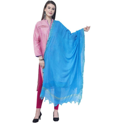 A R Silk Dark Sky Blue Color Golden Border Cotton Dupatta