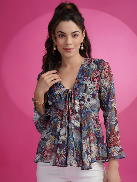 Sangria Blue Floral Printed V-Neck Bell Sleeve Georgette A-Line Top