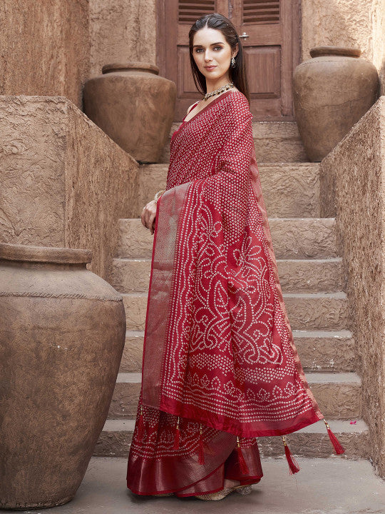 Tikhi Imli Bandhani Print Ready To Wear Saree with Zari Border