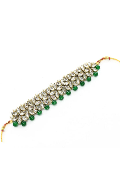 Mominos Fashion Johar Kamal Gold-Polished Rani Haar with Green and Off white Pearls Jewellery Set
