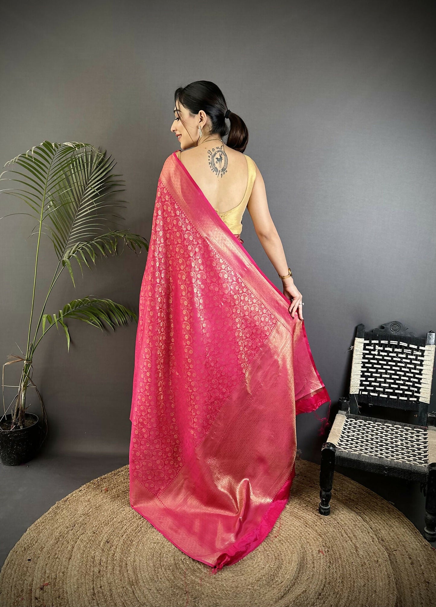 Joban Fashion Rani Pink Floral & Paisley Motifs Soft Satin Silk Banarasi Saree