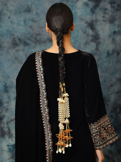 Ruby Raang Gold Gota Pati Work And Threads With Pearrls And Black Thread And Shells