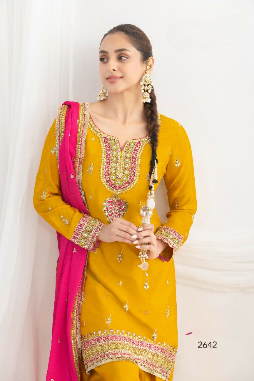 Anaita Mustard Chinon Readymade Suit with Embroidery Coding & Sequence Work