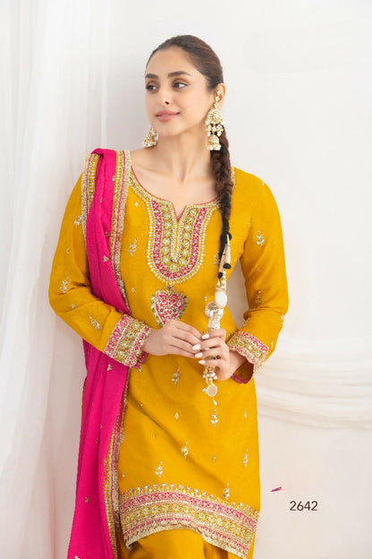 Anaita Mustard Chinon Readymade Suit with Embroidery Coding & Sequence Work