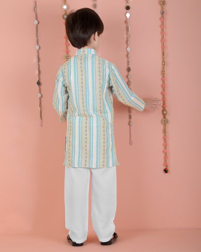 Joban Fashion Kids Island Cotton Full Sleeves Striped Kurta and Pyjama- Blue