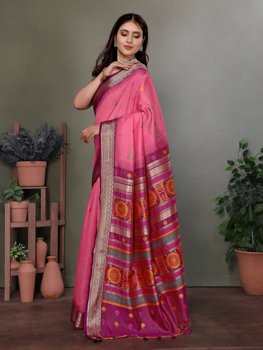 Joban Fashion Pink Floral Banarasi Silk Sarees