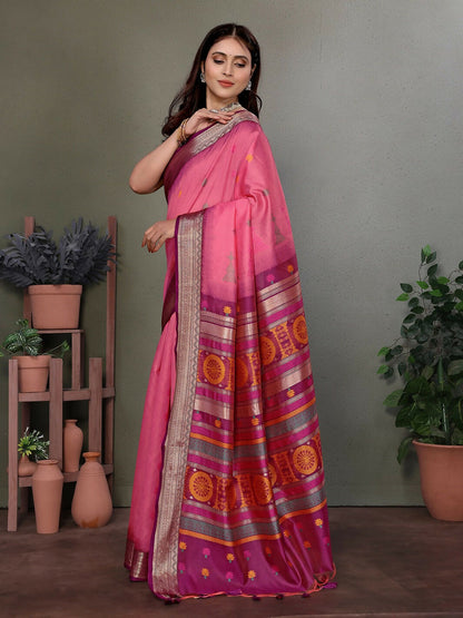 Joban Fashion Pink Floral Banarasi Silk Sarees